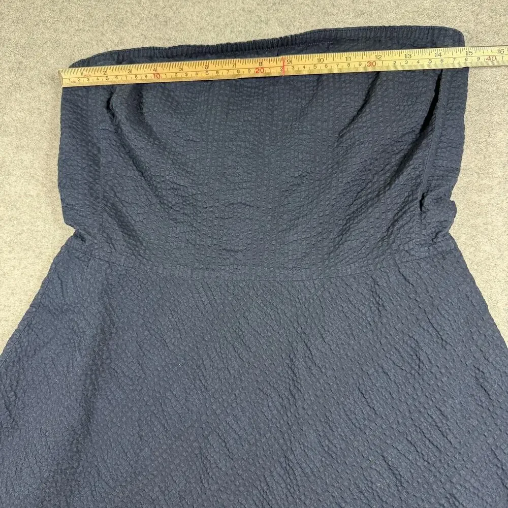 J.Crew Strapless Dress Womens 8 Navy Cotton Seersucker Sweetheart Midi Flare